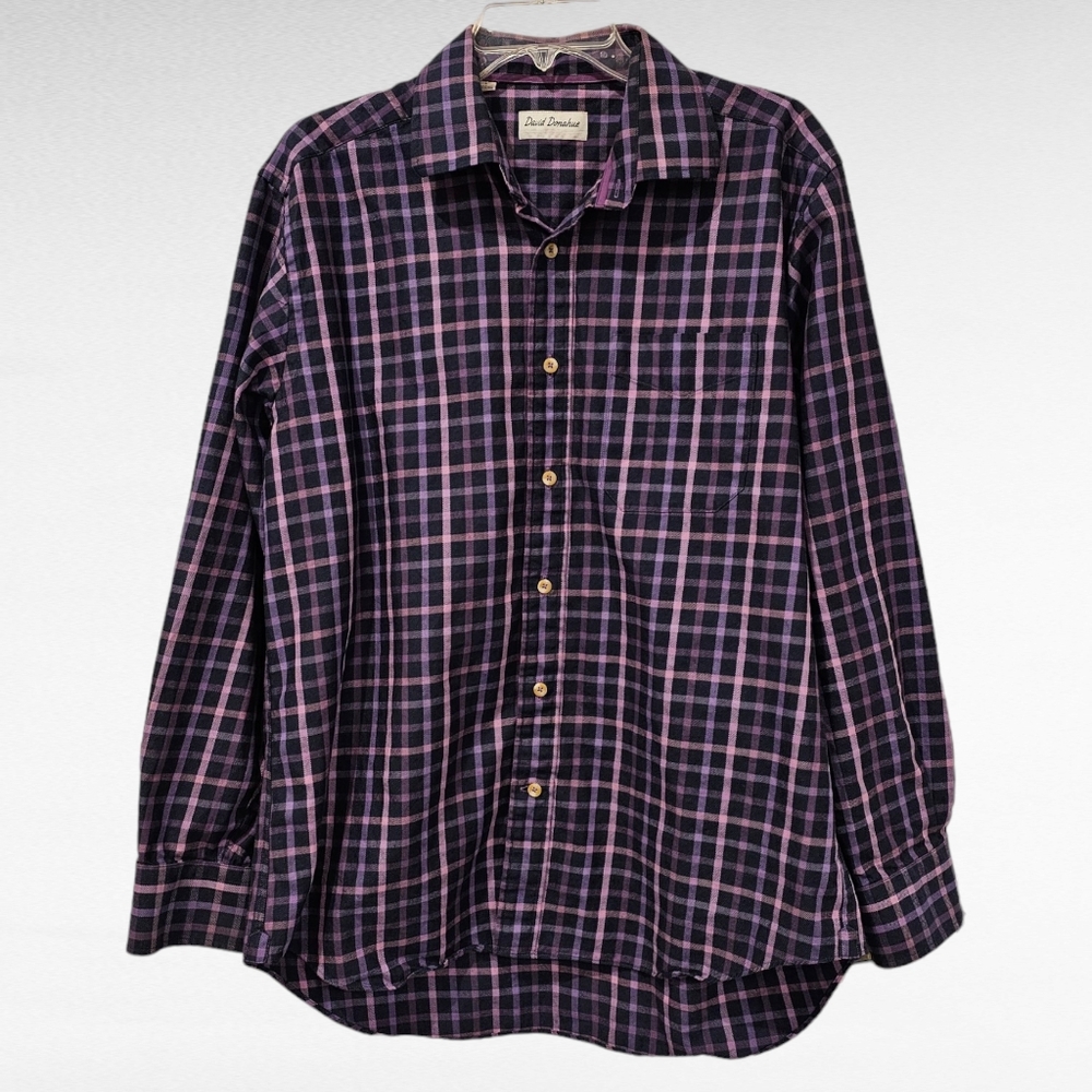 David Donahue Purple Plaid Long Sleeve Shirt Large